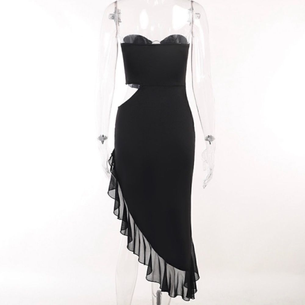 MIDI DRESS RUFFLE CUTOUT BLACK - Picture 8 of 12
